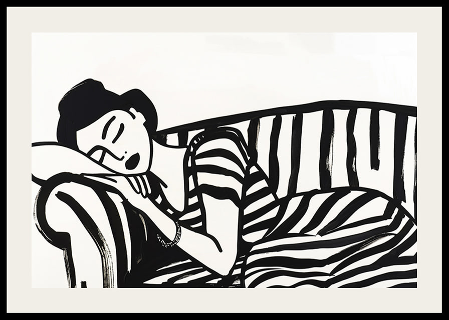She rests dreamily on a striped sofa in monochrome elegance.-12
