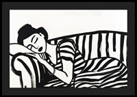 She rests dreamily on a striped sofa in monochrome elegance.-4