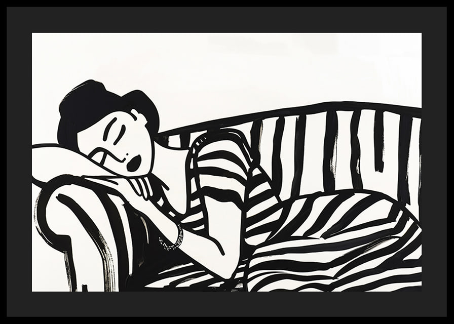 She rests dreamily on a striped sofa in monochrome elegance.-12