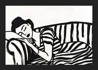 She rests dreamily on a striped sofa in monochrome elegance.-5