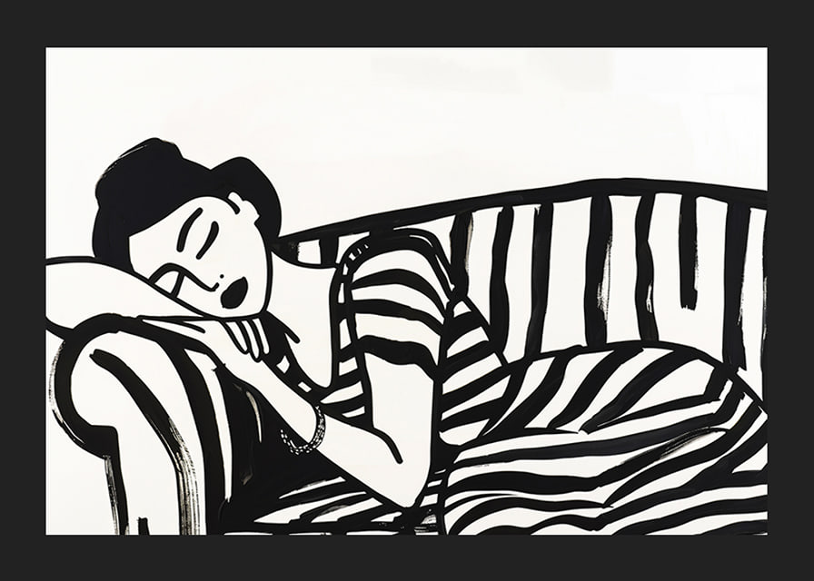 She rests dreamily on a striped sofa in monochrome elegance.-12