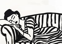 She rests dreamily on a striped sofa in monochrome elegance.-7