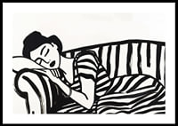 She rests dreamily on a striped sofa in monochrome elegance.-0