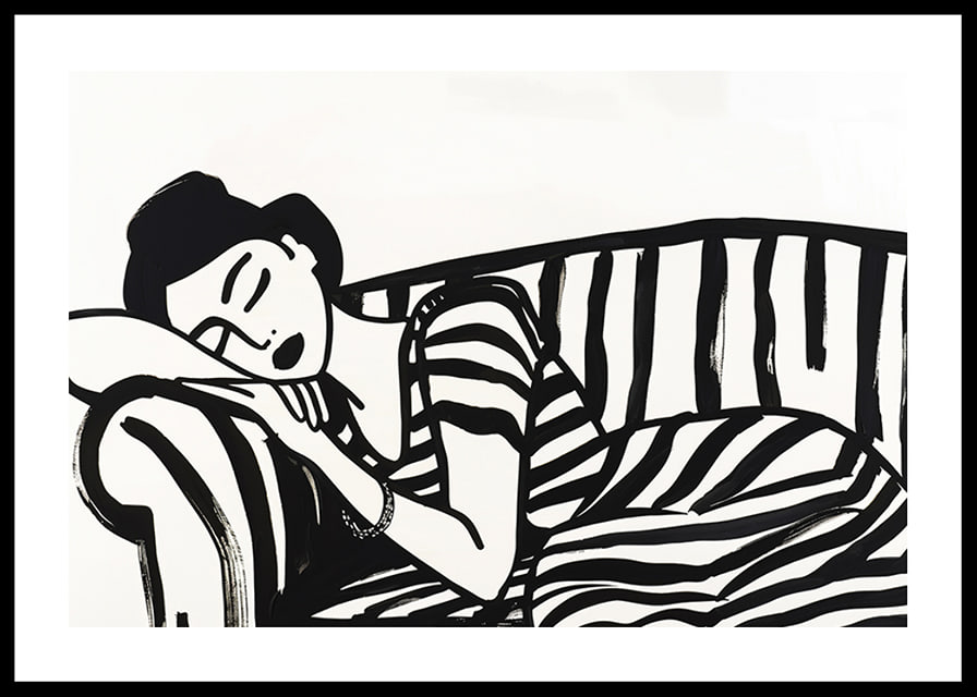 She rests dreamily on a striped sofa in monochrome elegance.-12