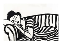 She rests dreamily on a striped sofa in monochrome elegance.-1