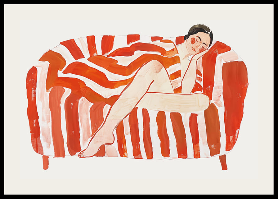 En vilande figur svept i intensivt rödvitrandigt mönster-12