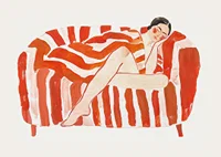 A resting figure wrapped in an intense red and white striped pattern-3