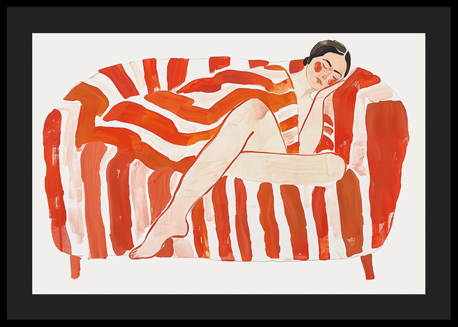 En vilande figur svept i intensivt rödvitrandigt mönster-12