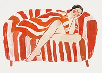 A resting figure wrapped in an intense red and white striped pattern-7