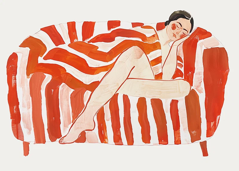 A resting figure wrapped in an intense red and white striped pattern-12