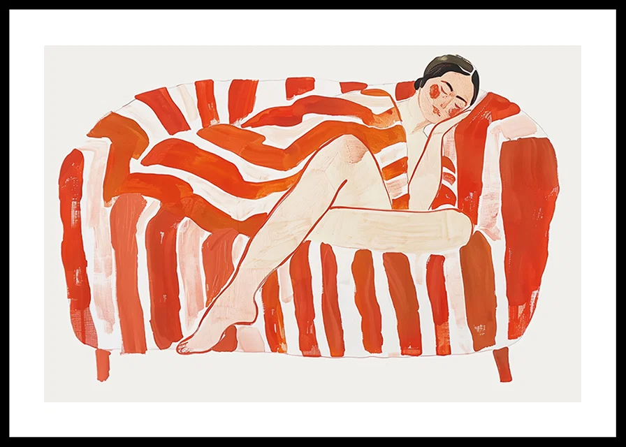 A resting figure wrapped in an intense red and white striped pattern-12