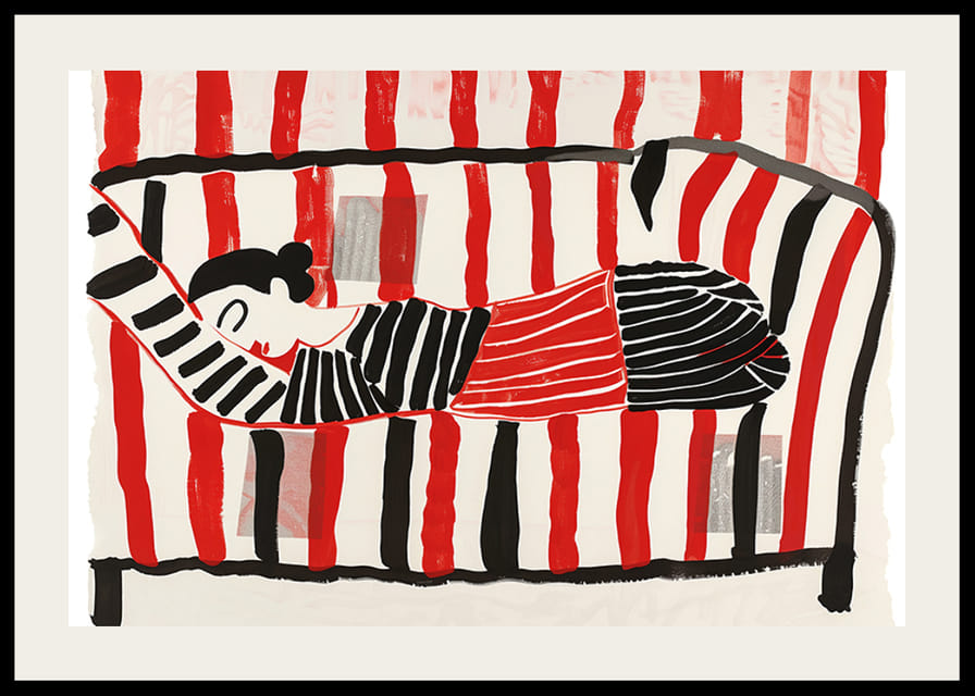 En färgglad affisch av en vilande figur omgiven av livfulla ränder-12