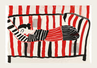 En färgglad affisch av en vilande figur omgiven av livfulla ränder-3