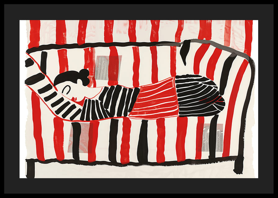 En färgglad affisch av en vilande figur omgiven av livfulla ränder-12