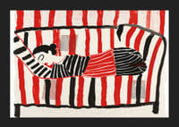 En färgglad affisch av en vilande figur omgiven av livfulla ränder-5