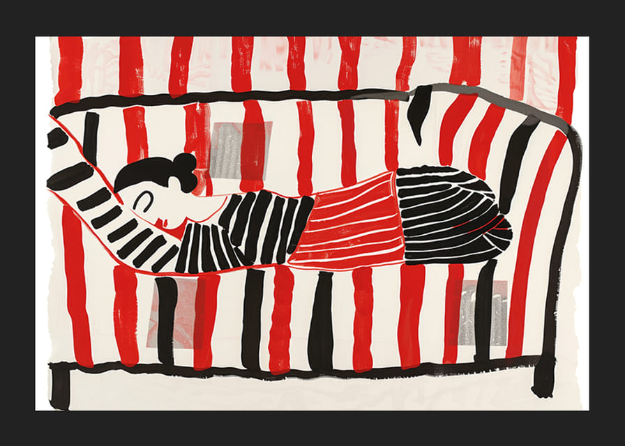 En färgglad affisch av en vilande figur omgiven av livfulla ränder-12