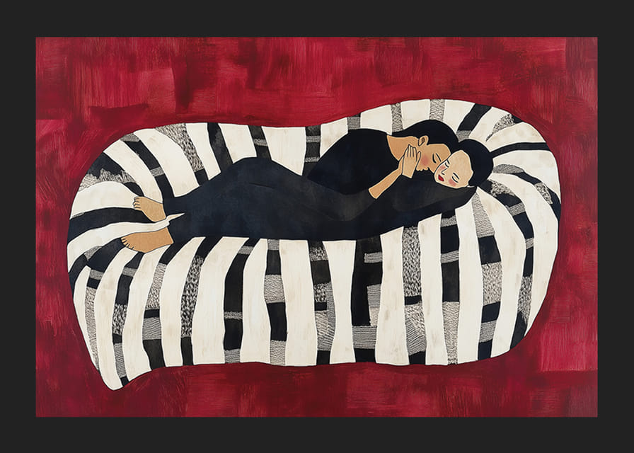 Två personer i en lugn omfamning på en randig bakgrund-12