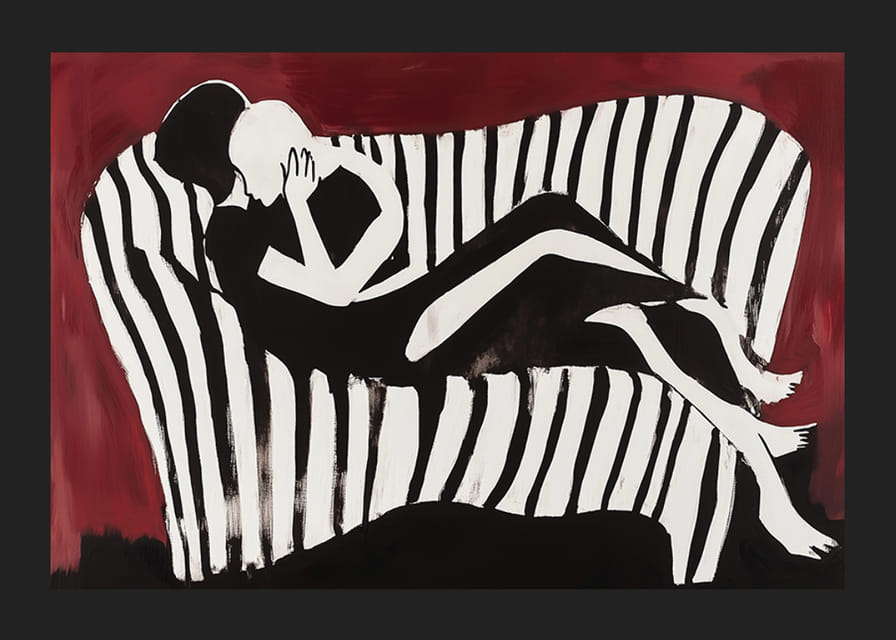 Intima silhuetter på en randig soffa mot en mörk bakgrund-12