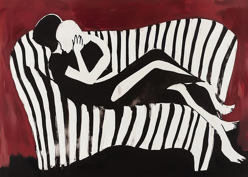 Intimate silhouettes on a striped sofa against a dark background-12