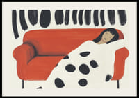 A dreamy scene of resting on a red sofa with bold patterns-2