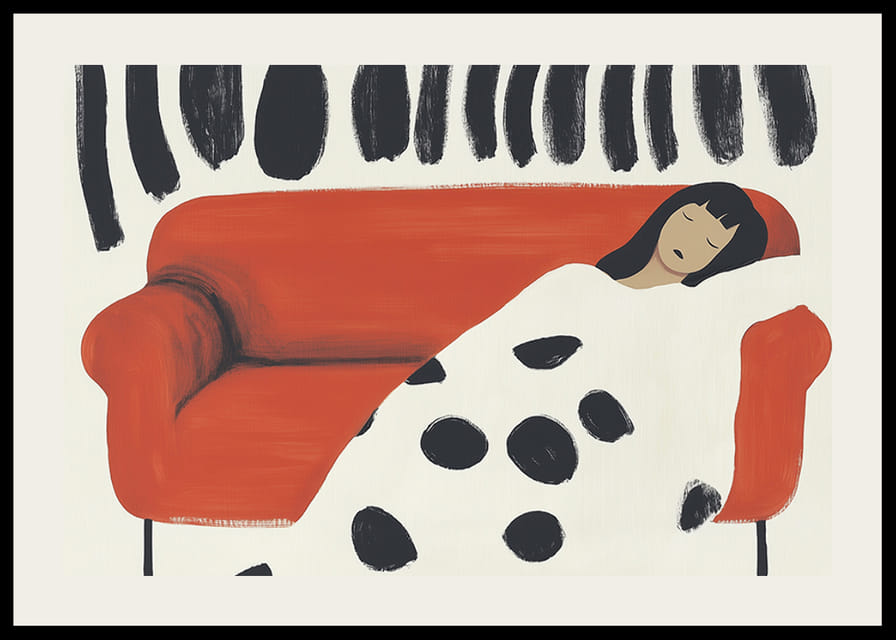 A dreamy scene of resting on a red sofa with bold patterns-12