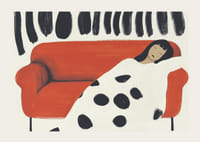 A dreamy scene of resting on a red sofa with bold patterns-3
