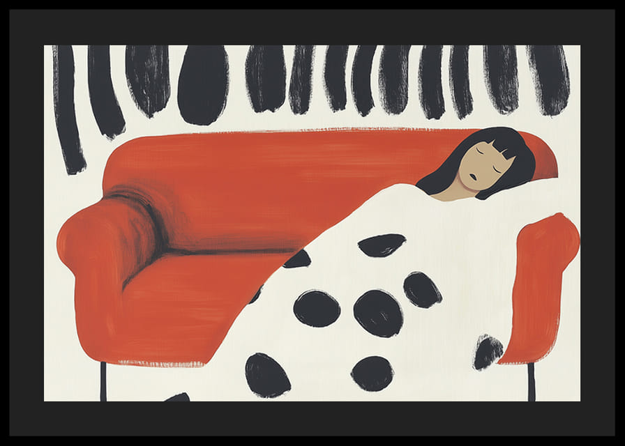 A dreamy scene of resting on a red sofa with bold patterns-12