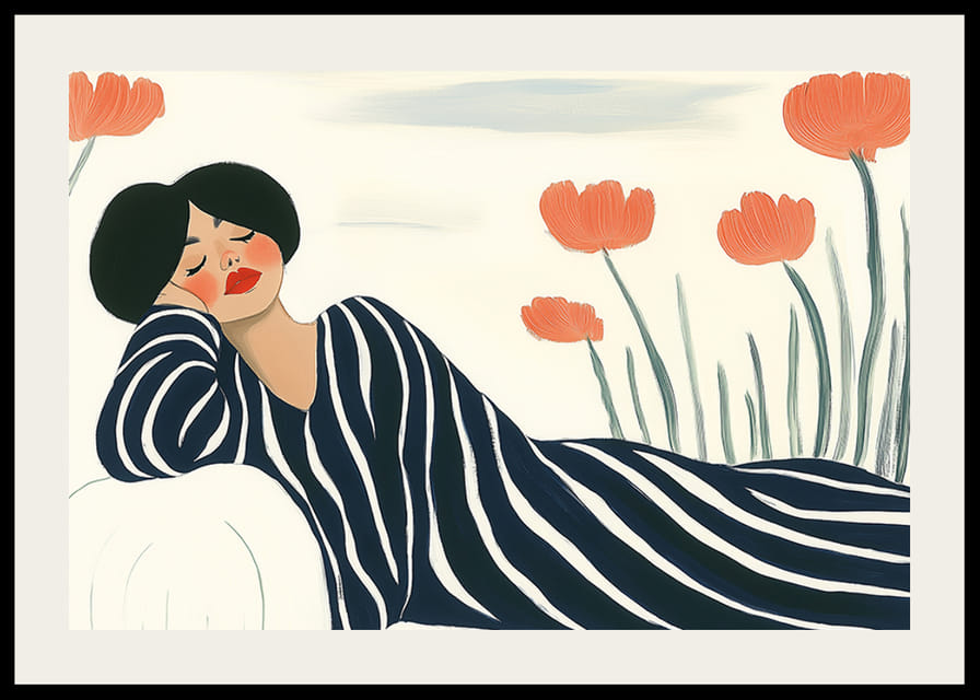 En kvinna vilar i randiga kläder omgiven av orange blommor-12