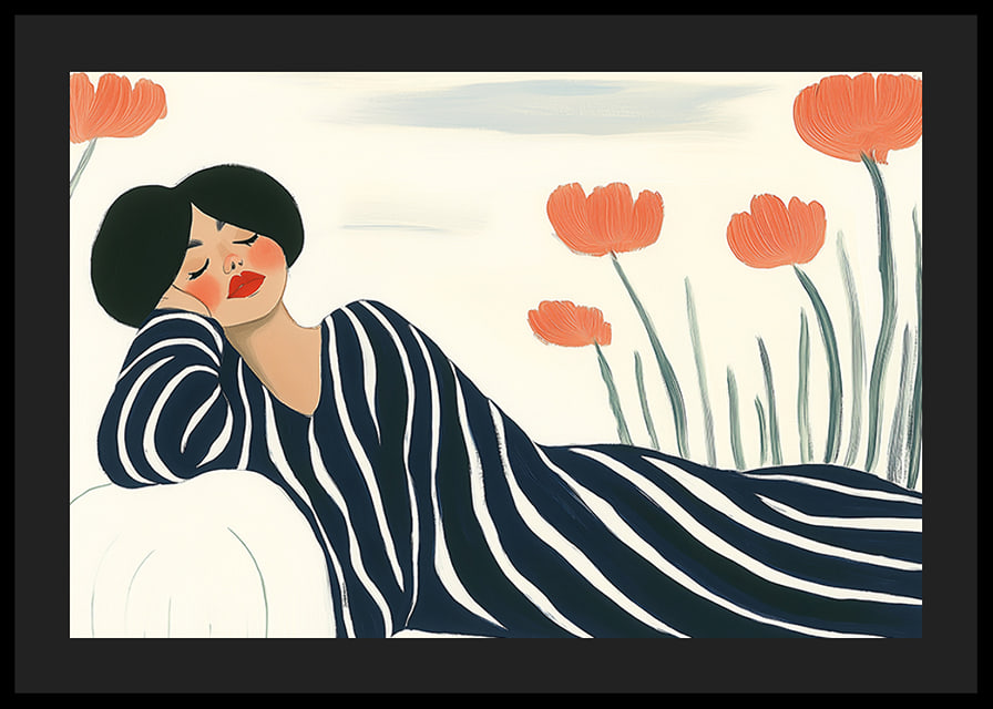 A woman rests in striped clothes surrounded by orange flowers-12