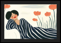 En kvinna vilar i randiga kläder omgiven av orange blommor-4