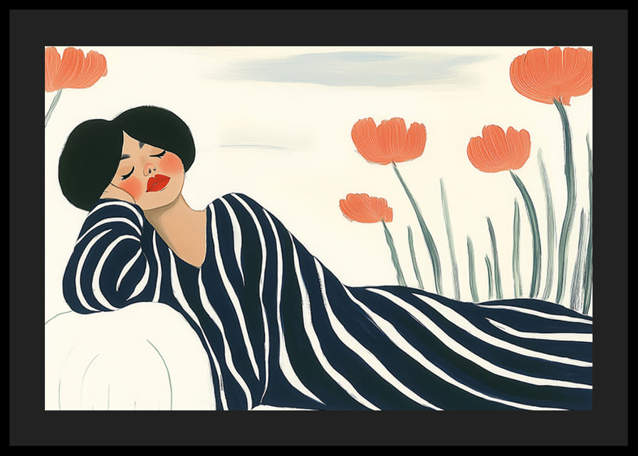 En kvinna vilar i randiga kläder omgiven av orange blommor-12