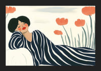 En kvinna vilar i randiga kläder omgiven av orange blommor-5