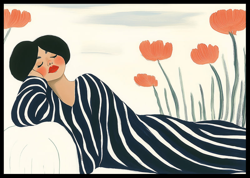 A woman rests in striped clothes surrounded by orange flowers-12