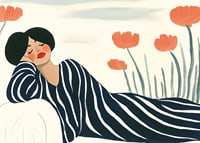 A woman rests in striped clothes surrounded by orange flowers-7