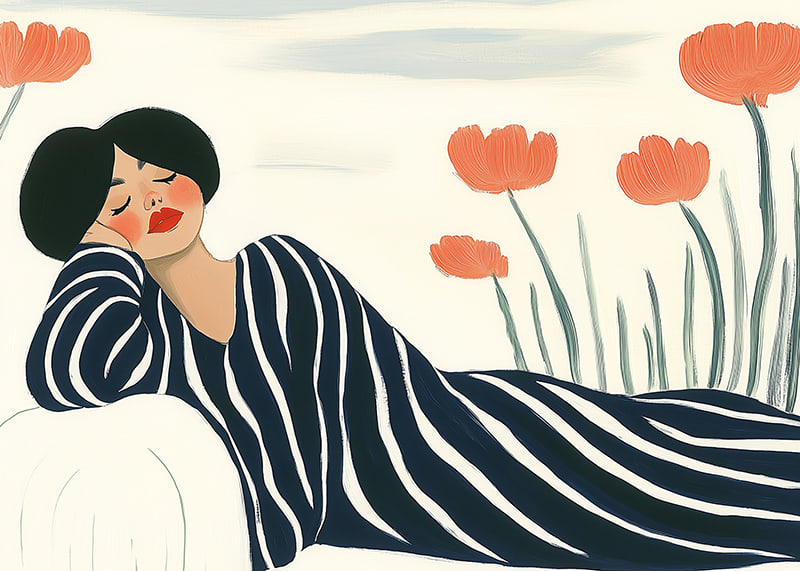 A woman rests in striped clothes surrounded by orange flowers-12