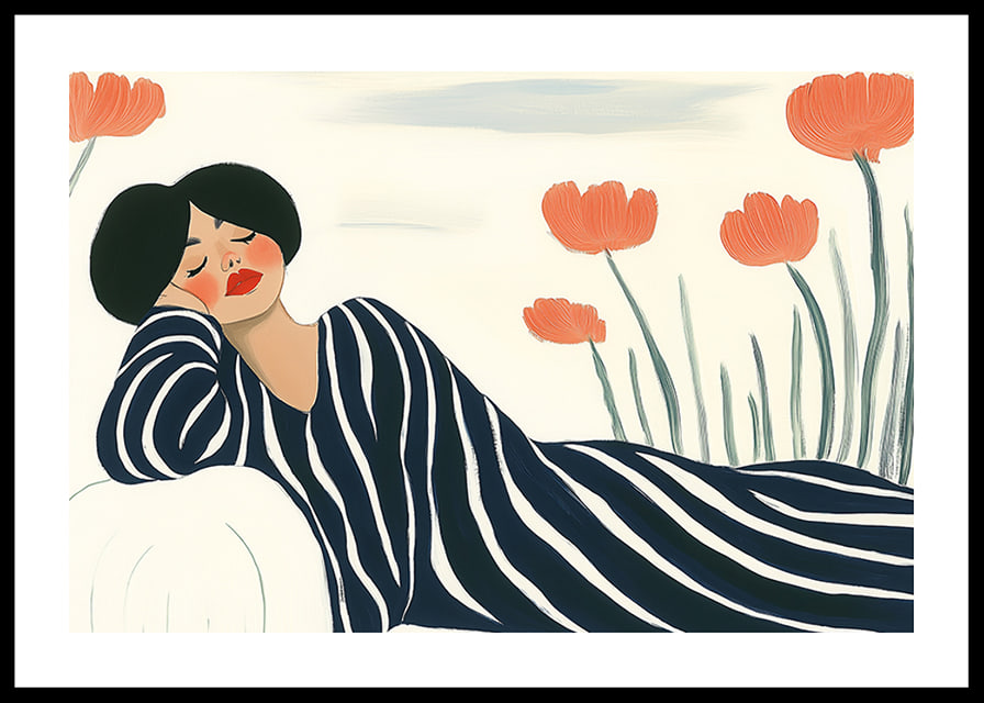 A woman rests in striped clothes surrounded by orange flowers-12
