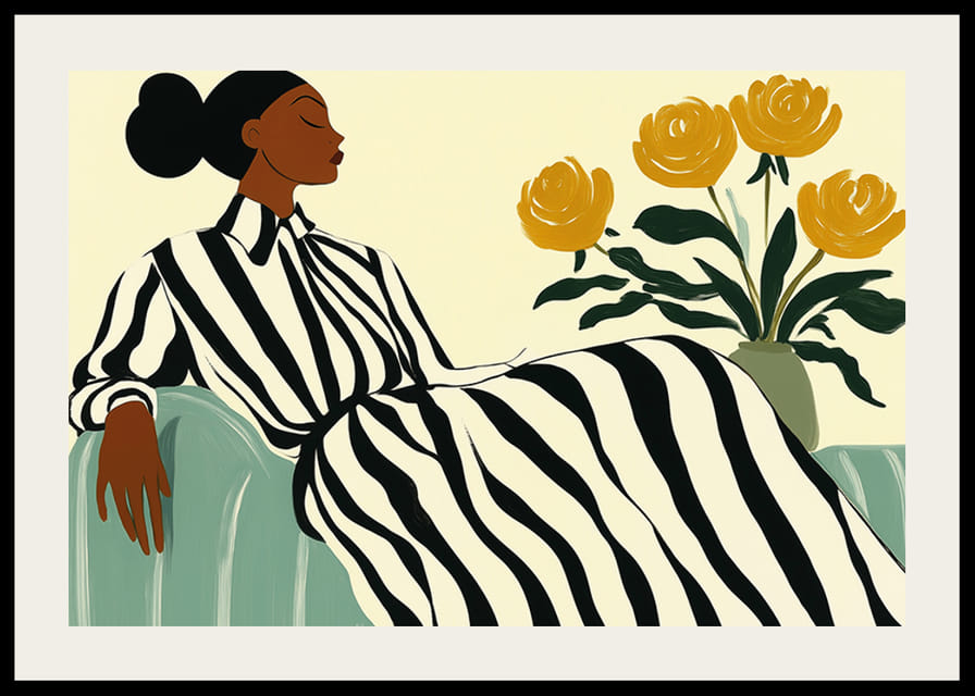 En elegant kvinna i randig klänning omgiven av gyllene blommor-12