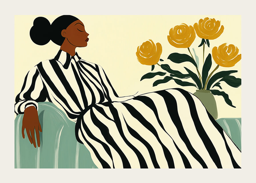 An elegant woman in a striped dress surrounded by golden flowers-12