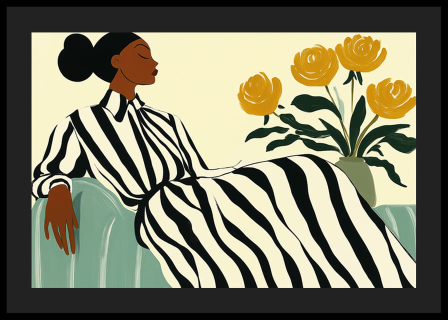 En elegant kvinna i randig klänning omgiven av gyllene blommor-12