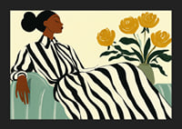 An elegant woman in a striped dress surrounded by golden flowers-5