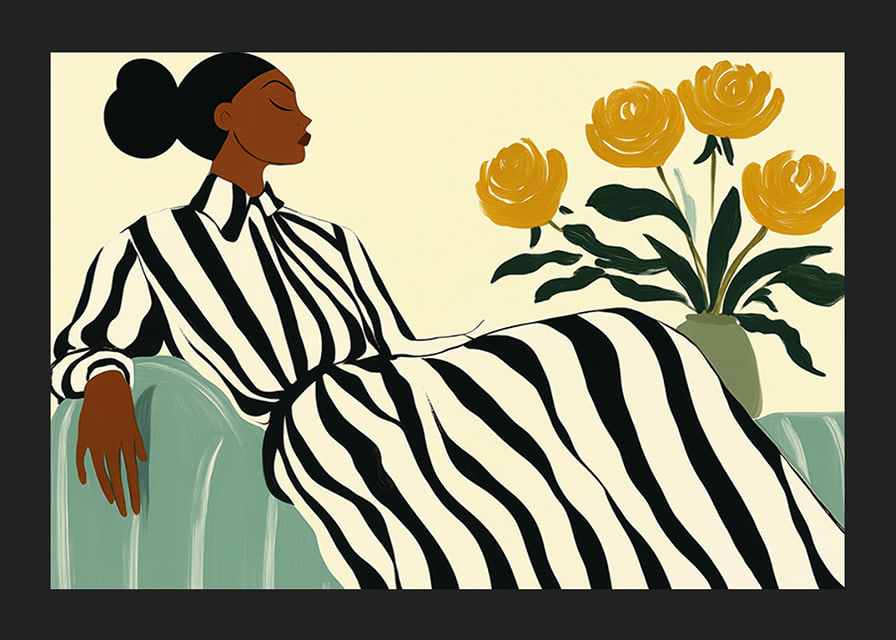 An elegant woman in a striped dress surrounded by golden flowers-12