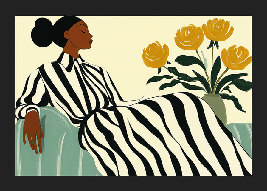 En elegant kvinna i randig klänning omgiven av gyllene blommor-12