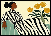 An elegant woman in a striped dress surrounded by golden flowers-6