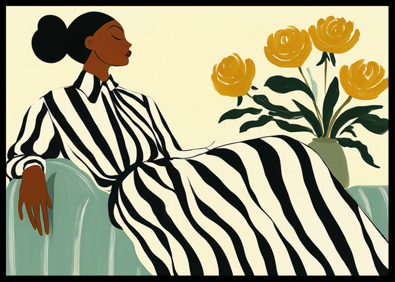 An elegant woman in a striped dress surrounded by golden flowers-12