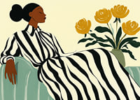 An elegant woman in a striped dress surrounded by golden flowers-7