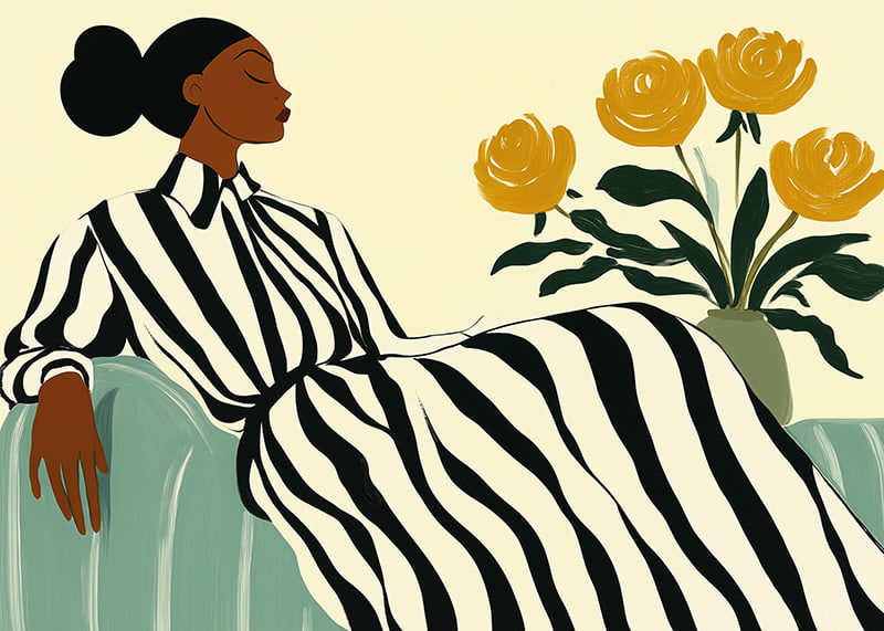 An elegant woman in a striped dress surrounded by golden flowers-12