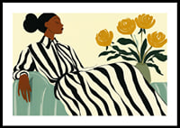 An elegant woman in a striped dress surrounded by golden flowers-0
