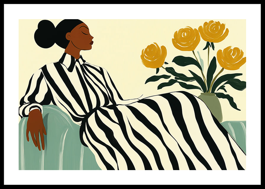 An elegant woman in a striped dress surrounded by golden flowers-12