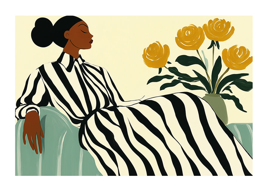 An elegant woman in a striped dress surrounded by golden flowers-12