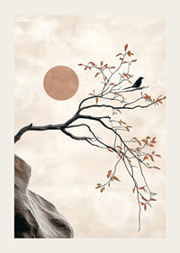 A bird on a branch against a soft sky with a sun in the background-3